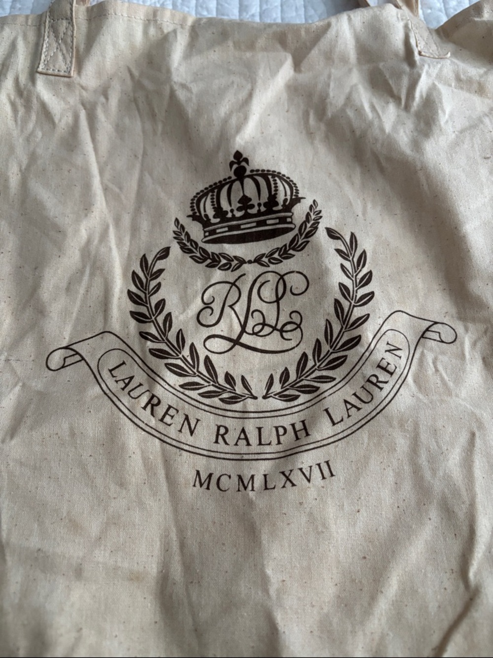 NWOT Lauren Ralph Lauren Ivory Cream Large Cotton Shopper Dust Tote Crest Emblem